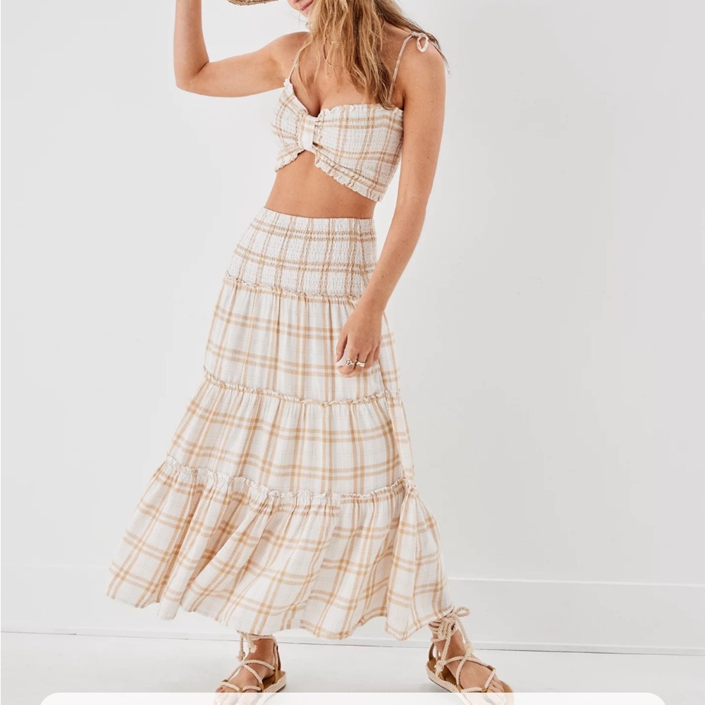 American Eagle Outfitters Cream Plaid Midi Skirt